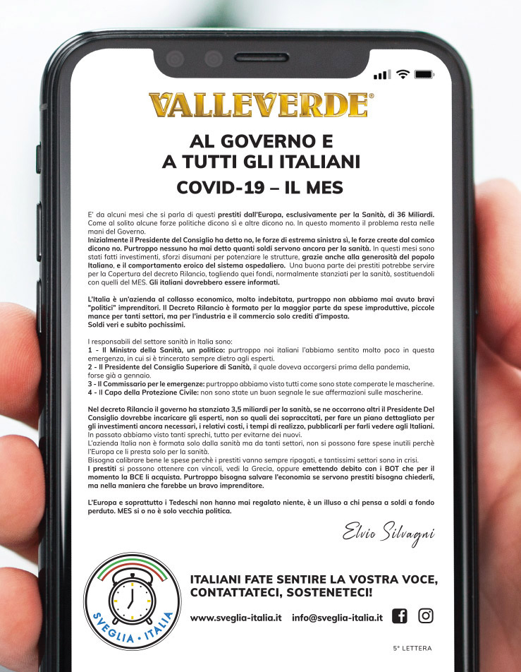 Libero – Il Giornale – La Verità – QN Quotidiano Nazionale – 20 Maggio 2020  LETTERA N. 5 Al Governo e a tutti gli italiani – COVID19 – IL MES