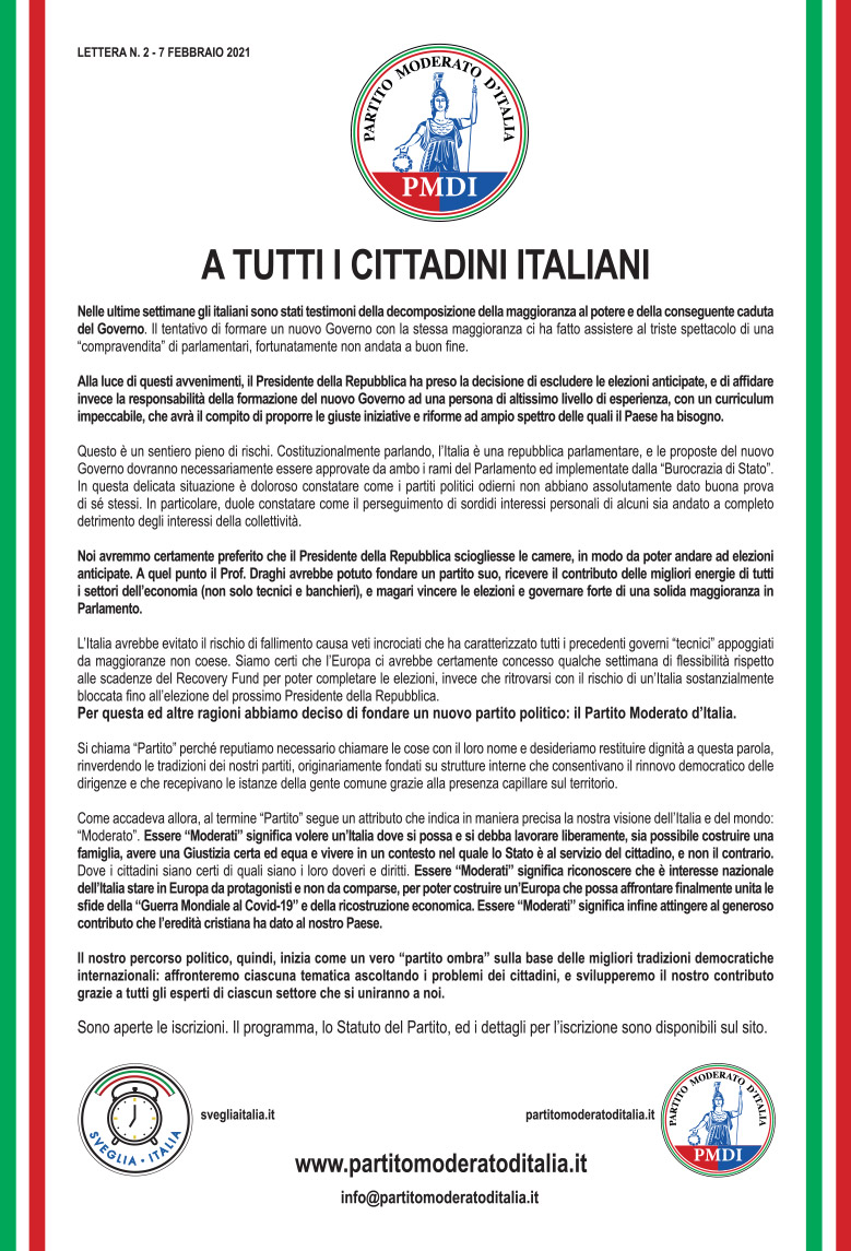 Corriere della Sera, QN Quotidiano Nazionale, La Verità  – 10 febbraio 2021 –  A tutti i Cittadini Italiani