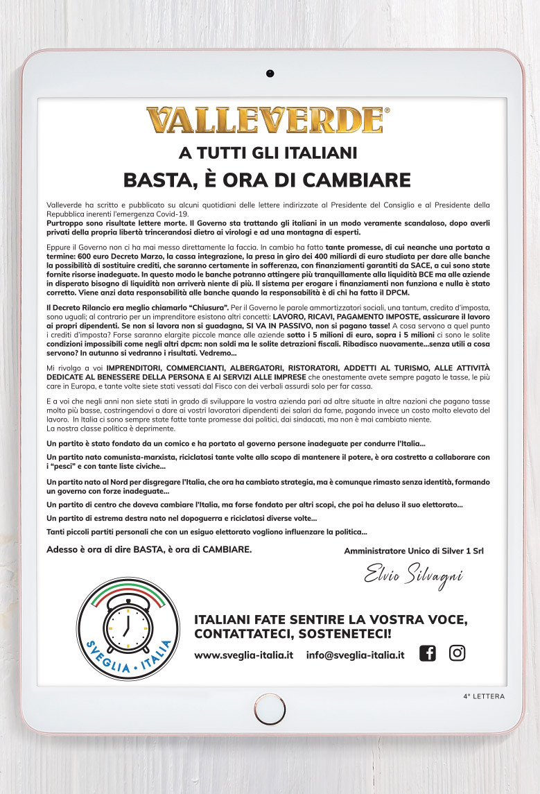 Corriere della Sera – QN Quotidiano Nazionale – Il Giornale – La Verità – 17 Maggio 2020  LETTERA N. 4  Valleverde a tutti gli italiani – Basta, è ora di cambiare