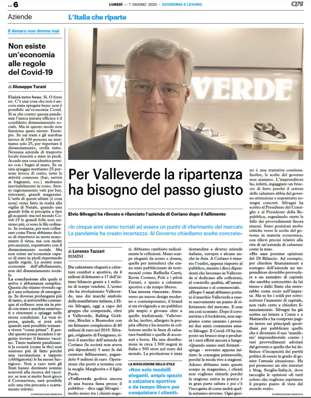 QN Economia – 1 Giugno 2020 Intervista a Elvio Silvagni  Per Valleverde la ripartenza ha bisogno del passo giusto